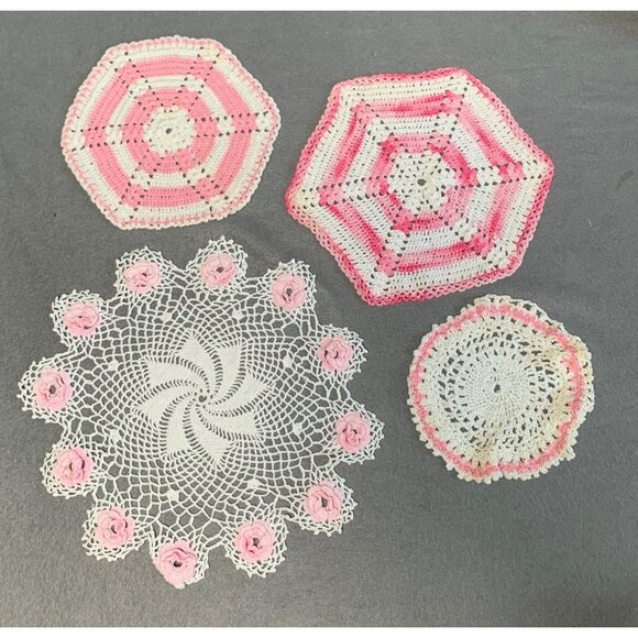 Handmade Crochet Doilies Set Of 4 Pink & White Vintage Style Decorative - Picture 6 of 7